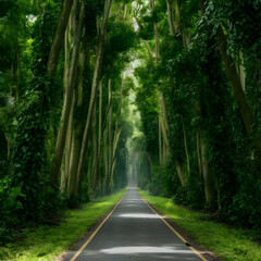 Obraz premium Deep tropical jungles of Southeast Asia, green trees tunnel extra wide background banner