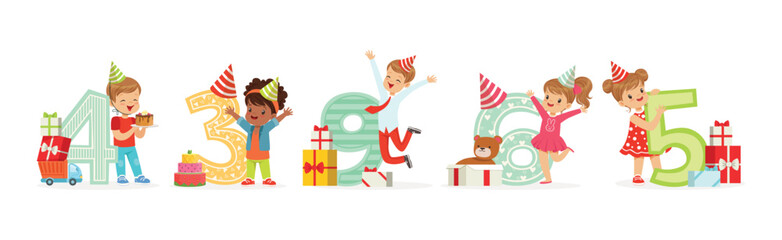 Cute Little Kids in Cone Hat Celebrating Birthday at Number Vector Set