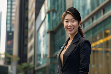 Smiling Asian Office Lady in Office Building Background