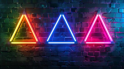 Types of triangle neon sign with glowing neon colorful lighting on black brick wall