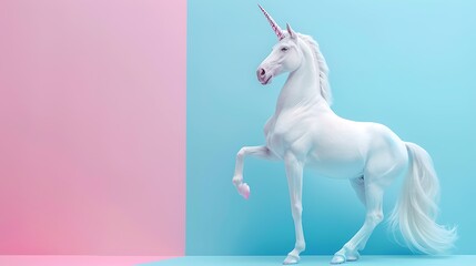 Obraz premium Unicorn Beautiful Fantasy Magical Creature Horse Paper on blue and pink background