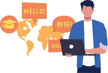 A boy is using a laptop for multilingual.