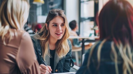Young woman speaking to friends
