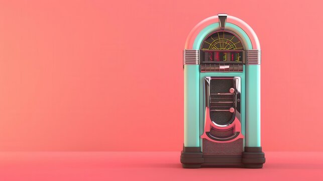 A retro jukebox isolated on a pink background. The jukebox is blue and pink.