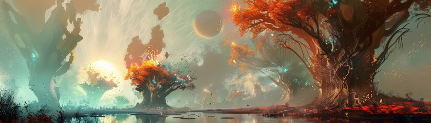 Surreal fantasy landscape with vibrant, colorful trees, mystical light, and a dreamy atmosphere, perfect for imaginative and creative projects.