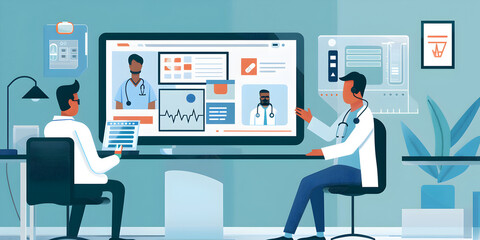 Advanced Telemedicine Collaboration  Doctors Working Together in a High-Tech Medical Office Utilizing Digital Health Technologies for Remote Patient Care