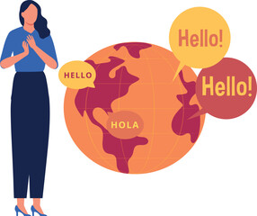 A girl is standing by the globe.