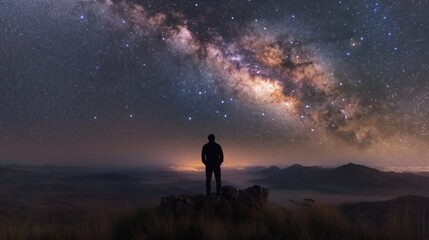 Fototapeta premium Gazing at the vast Milky Way, a lone figure stands in awe of the universe's majestic splendor and infinite possibilities.