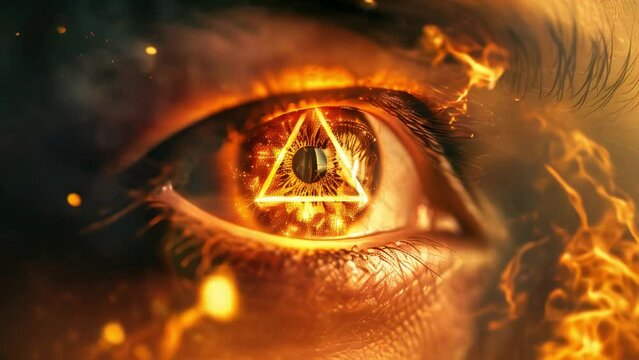 Close Up Of A Flaming Eye With A Glowing Triangle All-Seeing Eye of God Eye of Providence Illuminati Masonic Symbol Conspiracy Theory Looped Video