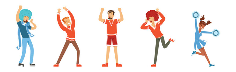 Sport Fan Man and Woman Character at Stadium Vector Set