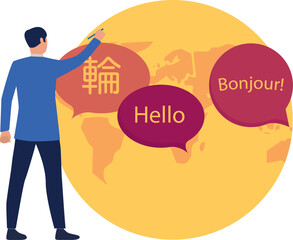 The boy is pointing at the global languages.