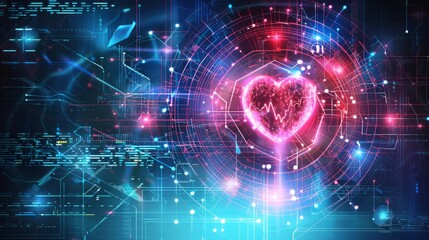 Obraz premium Abstract futuristic technology background with glowing heart symbol