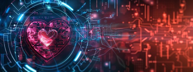 Obraz premium Abstract futuristic technology background with glowing heart symbol