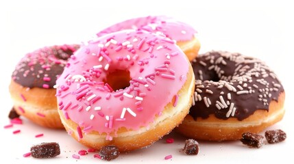 Variety of delectable doughnuts showcased on pristine white surface for enticing visuals