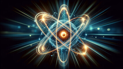 Glowing atomic model with dynamic electron paths and nucleus