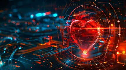 Obraz premium Abstract futuristic technology background with glowing heart symbol