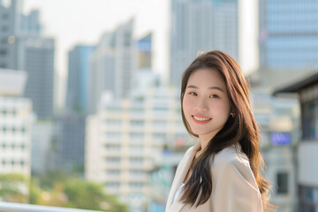 Smiling Asian Office Lady in Office Building Background