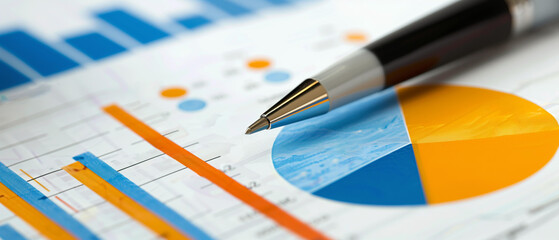 Pie chart graphs with pen on top business analytics assessment analyzing, trend planning