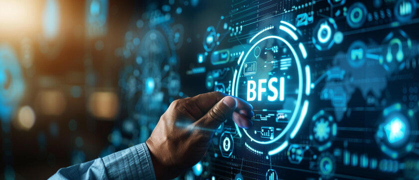 Bfsi (Banking, Financial Services, Insurance) transformation with businessman touching digital screen typing on virtual interface, success progress fintech challenge