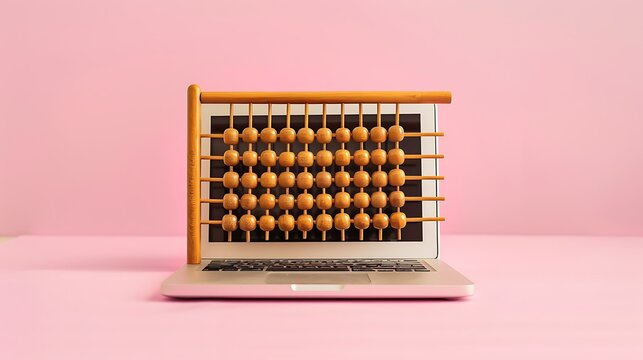 Wooden abacus on computer key isolated on pink background