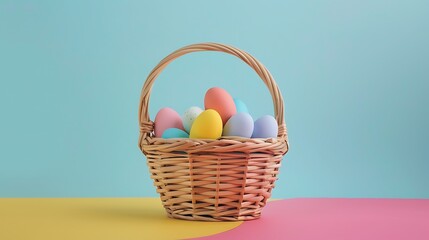 Wooden basket with easter eggs and sweets on the table isolated on colorful background