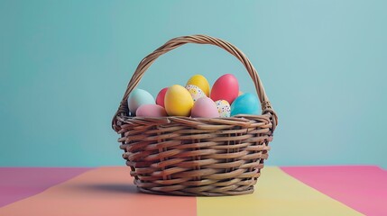 Wooden basket with easter eggs and sweets on the table isolated on colorful background