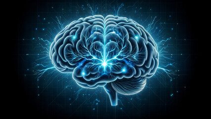 Detailed illustration of human brain with blue electric currents