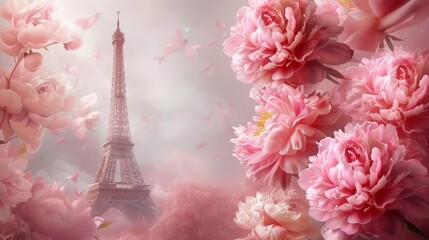 Eiffel Tower pastel peonies photorealistic with space for text