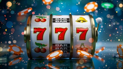 Big win 777 lottery casino concept with slot machine. Win jackpot in game slot machine