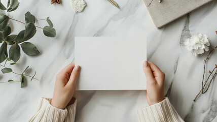 Obraz premium female hand holding a white blank postcard.
