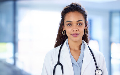 Woman, doctor and medical at hospital in portrait for healthcare or wellness with advice or diagnosis as medic. Service, employee and expert at clinic with stethoscope for help or care with treatment