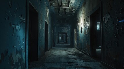 Dark and Eerie Abandoned Building Hallway with Peeling Paint and Dim Lighting, Perfect for Horror and Thriller Themes