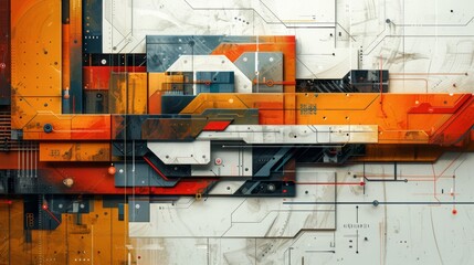Circuit patterns forming geometric shapes and structures in abstract art.