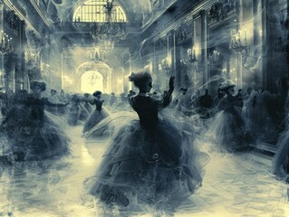Fototapeta premium Enchanting Victorian Ballroom Dance with Ghostly Figures in Elegant Gowns and Chandeliers