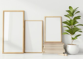 A mockup of an empty blank poster frame on the wall
