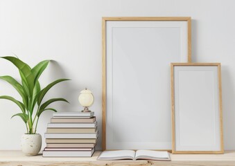 A mockup of an empty blank poster frame on the wall