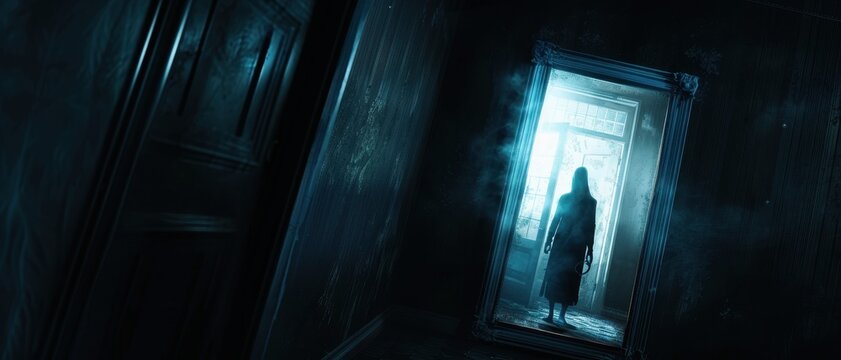 Eerie Silhouette of a Woman in a Dark Hallway with a Glowing Mirror and Mysterious Atmosphere