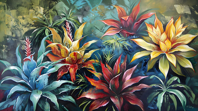 Fototapeta beautiful plants on canvas Oil color painting. Generative AI.