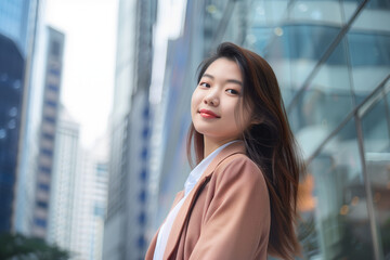 Fototapeta premium Smiling Asian Businesswoman in Office Building Background