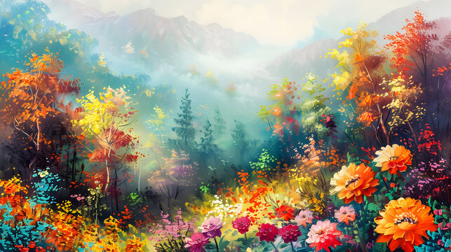 colorful flowers in the autumn season Oil color painting. Generative AI.