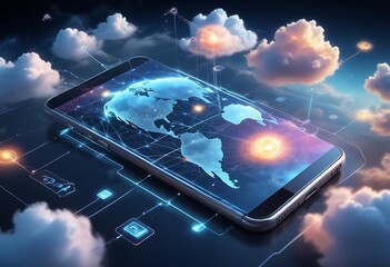 Mobile global internet communications world wide web on phone via wireless satellite network technology smartphone digital connection of all earth holographic abstract interface