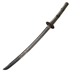 The image is of a traditionally made sharp samurai sword with a long handle, transparent background