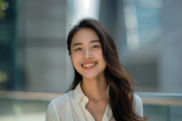 Fototapeta premium Smiling Asian Businesswoman in Office Building Background
