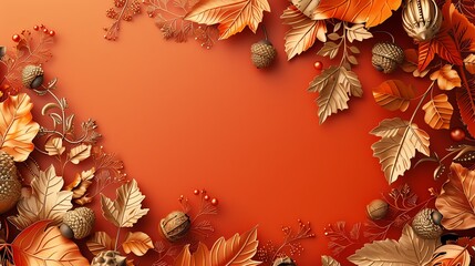 Autumn leaves and acorns frame on orange background, perfect for seasonal and fall-themed designs and projects.