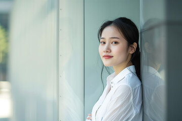 Fototapeta premium Smiling Asian Businesswoman in Office Building Background