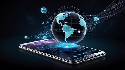 Mobile global internet communications world wide web on phone via wireless satellite network technology smartphone digital connection of all earth holographic abstract interface