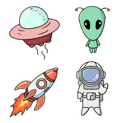 Obraz premium set of cartoon monster, aliens, ufo, rocket, astronout