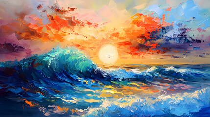 Colorful sky and ocean wave Oil color painting. Generative AI.