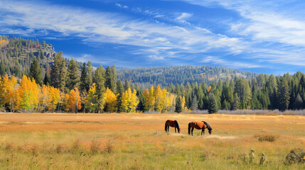 Obraz premium Horses grazing in a colorful autumn pasture in Grand Teton