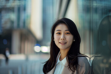 Naklejka premium Smiling Asian Businesswoman in Office Building Background